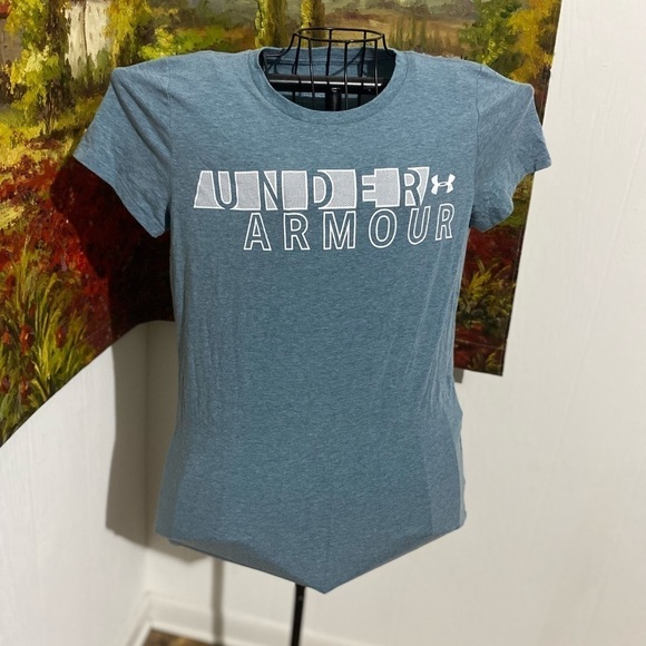 Under Armour size small blue green short sleeve tee with white graphics soft - Picture 1 of 6